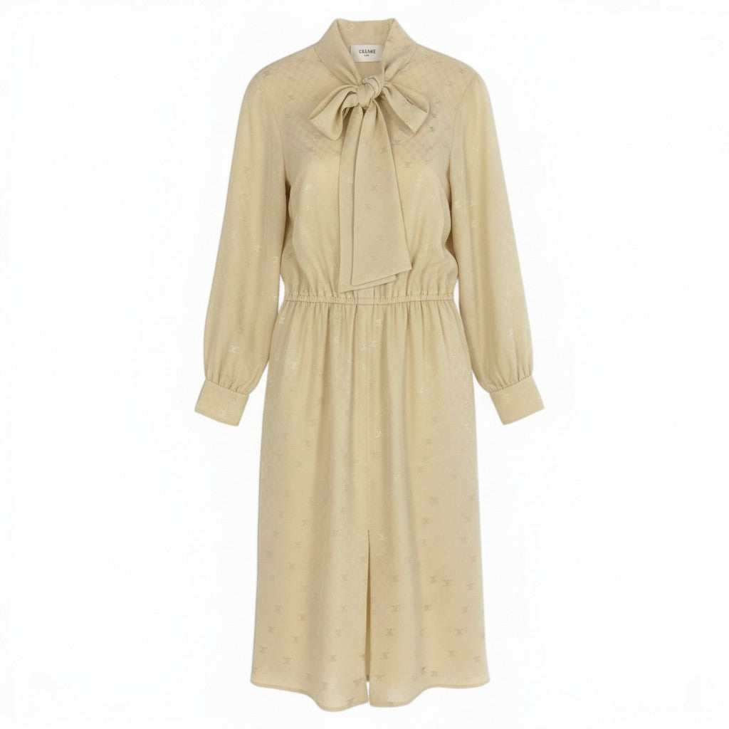 b23 CELINE セリーヌ ラヴァリエール トリオンフ柄 ボウタイ シルクワンピース ロングワンピース サイズ36 アイボリー レディース 女性用ta1