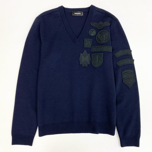 32j3 DSQUARED2 ディースクエアード イタリア製 Vネック ロゴワッペン ニットセーター  S74HA0682 Lサイズ ネイビー ウール メンズo07t