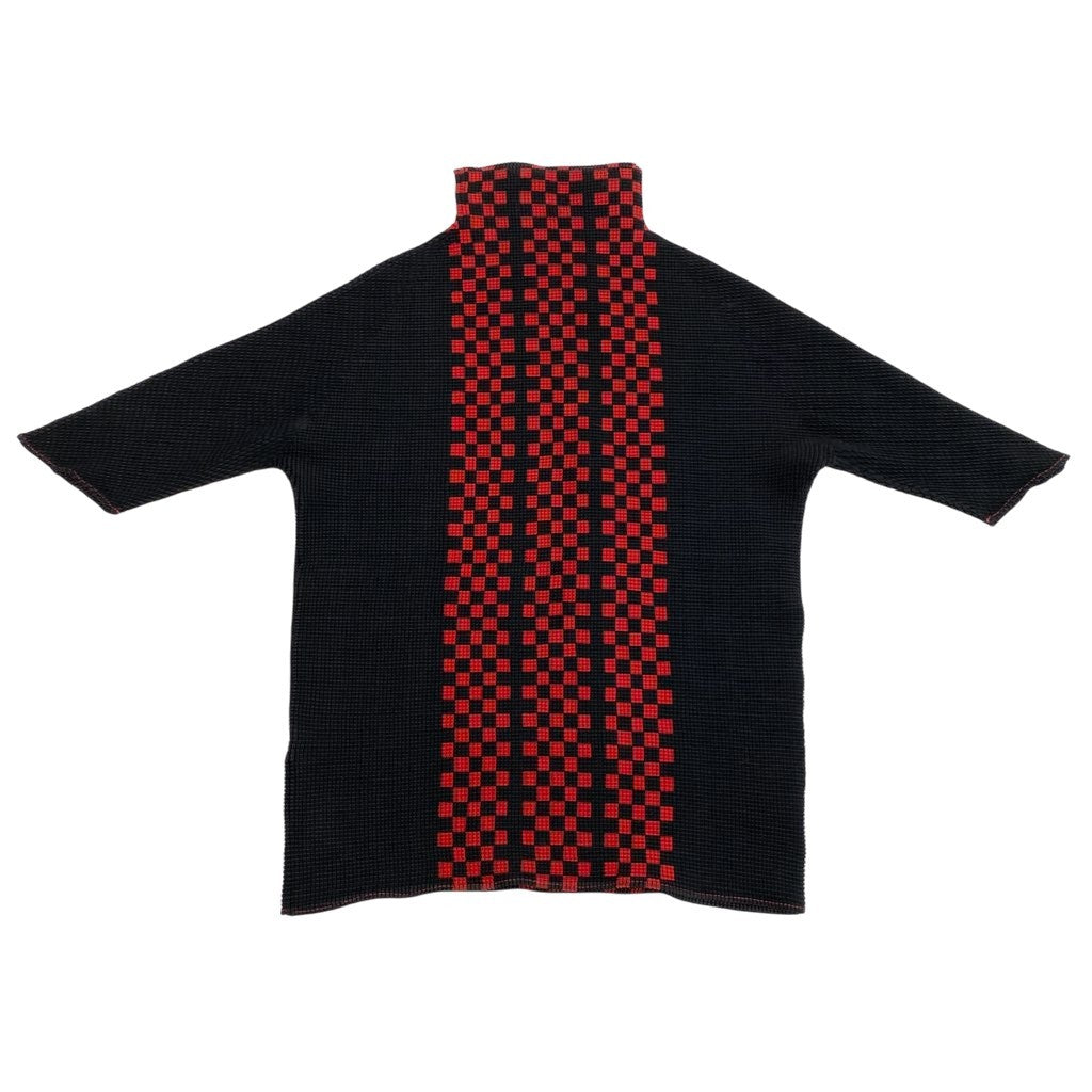 Al27【美品】ISSEY MIYAKE PLEATS イッセイミヤケ プリーツ 半袖カットソー ハイネックカットソー ブロックチェック  PP68FK715 3サイズ ブラック レッド ポリエステル100％ レディースk02i