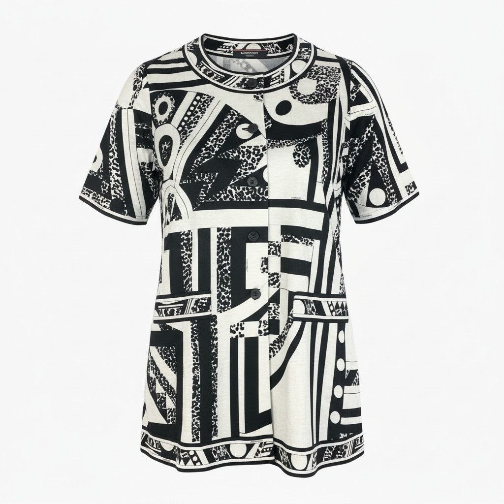 6b12 LEONARD レオナール 半袖カーディガン 美しいプリント チュニック丈 総柄 0359139 Lサイズ ホワイト ブラック コットン100％ レディース 女性用u02t