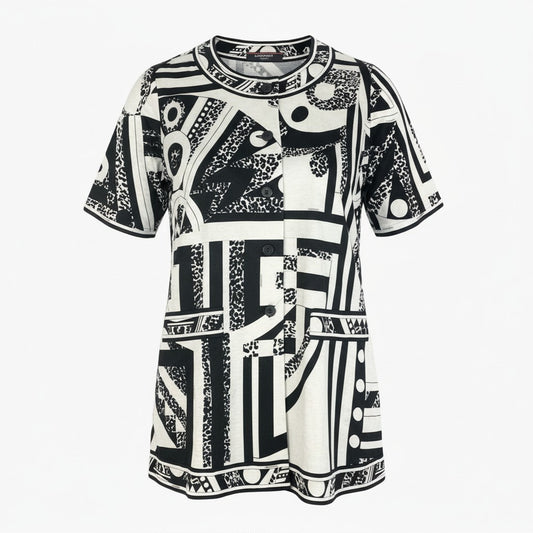 6b12 LEONARD レオナール 半袖カーディガン 美しいプリント チュニック丈 総柄 0359139 Lサイズ ホワイト ブラック コットン100％ レディース 女性用u02t