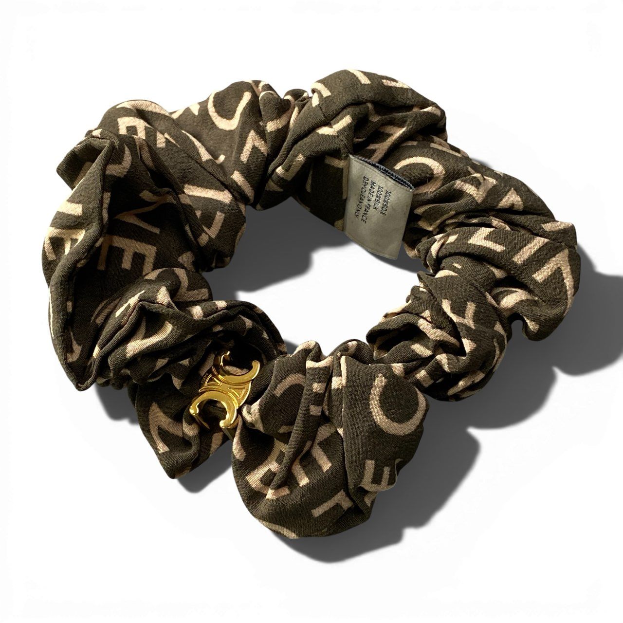 b2 CELINE セリーヌ ロゴ シュシュ ヘアアクセサリー トリオンフ ゴールド金具 グリーン シルク フランス製ta1