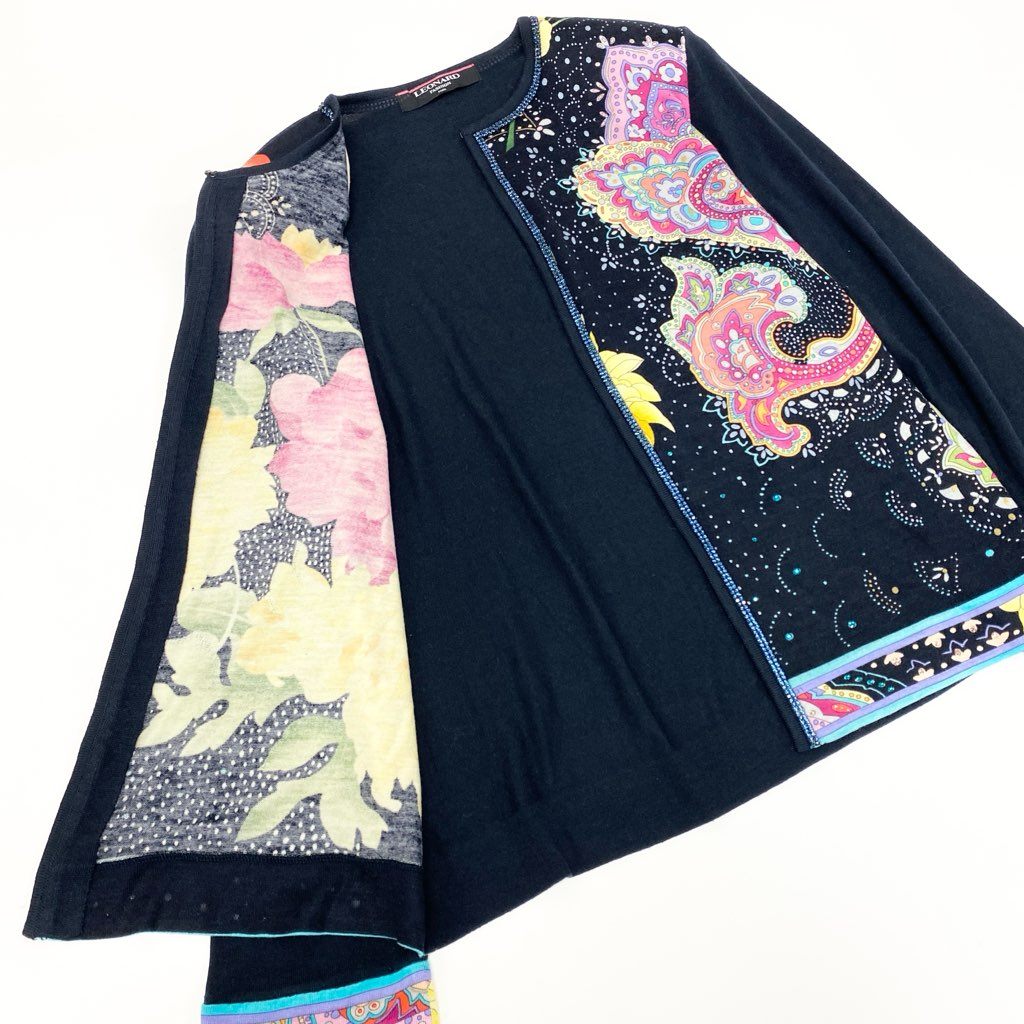 79L15 LEONARD FASHION レオナールファッション クルーネックカーディガン 花柄プリント ビジュー LL ネイビー レディース 女性用u02t
