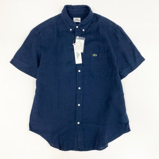 18f19 《未使用保管品》タグ付 LACOSTE ラコステ 総リネン ボタンダウン半袖シャツ ビジネス◎ カジュアル◎ CH8736 4 Lサイズ ネイビー 麻100％