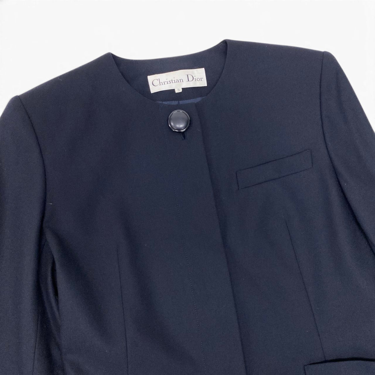 84i15 Christian Dior クリスチャンディオール セットアップ スカートスーツ ノーカラージャケット フォーマル サイズ9 ネイビー ウール100％ レディースo07t