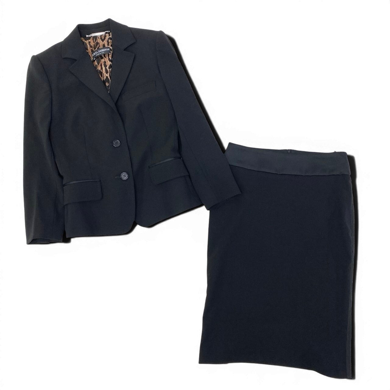 Ef9 【美品】DOLCE＆GABBANA スカートセットアップ ジャケット タイトスカート レオパード イタリア製 36サイズ ブラック レディース 女性用u02t