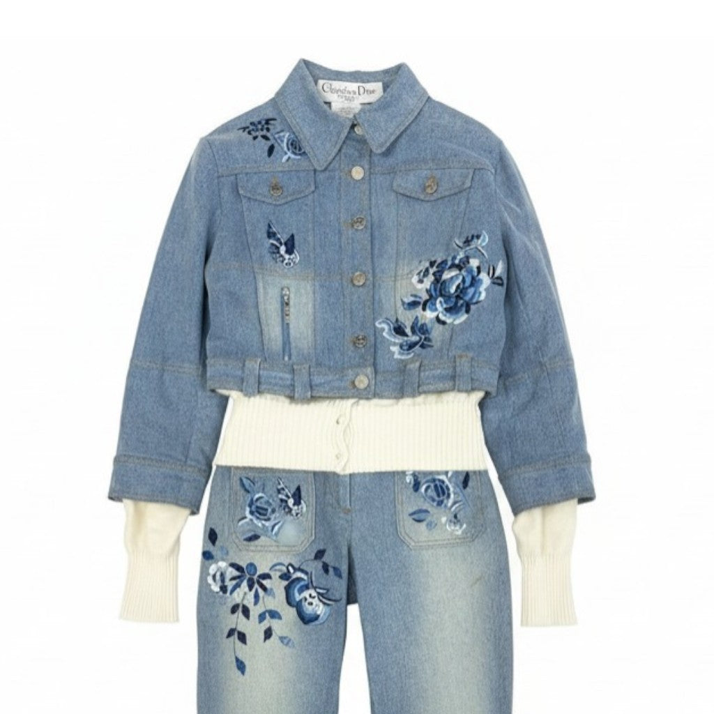 Ic24 Christian Dior クリスチャンディオール ガリアーノ期 フラワー刺繍 デニムセットアップ by Galliano Flour Embroidery Denim Setup サイズ40 / 34 インディゴブルーt18r