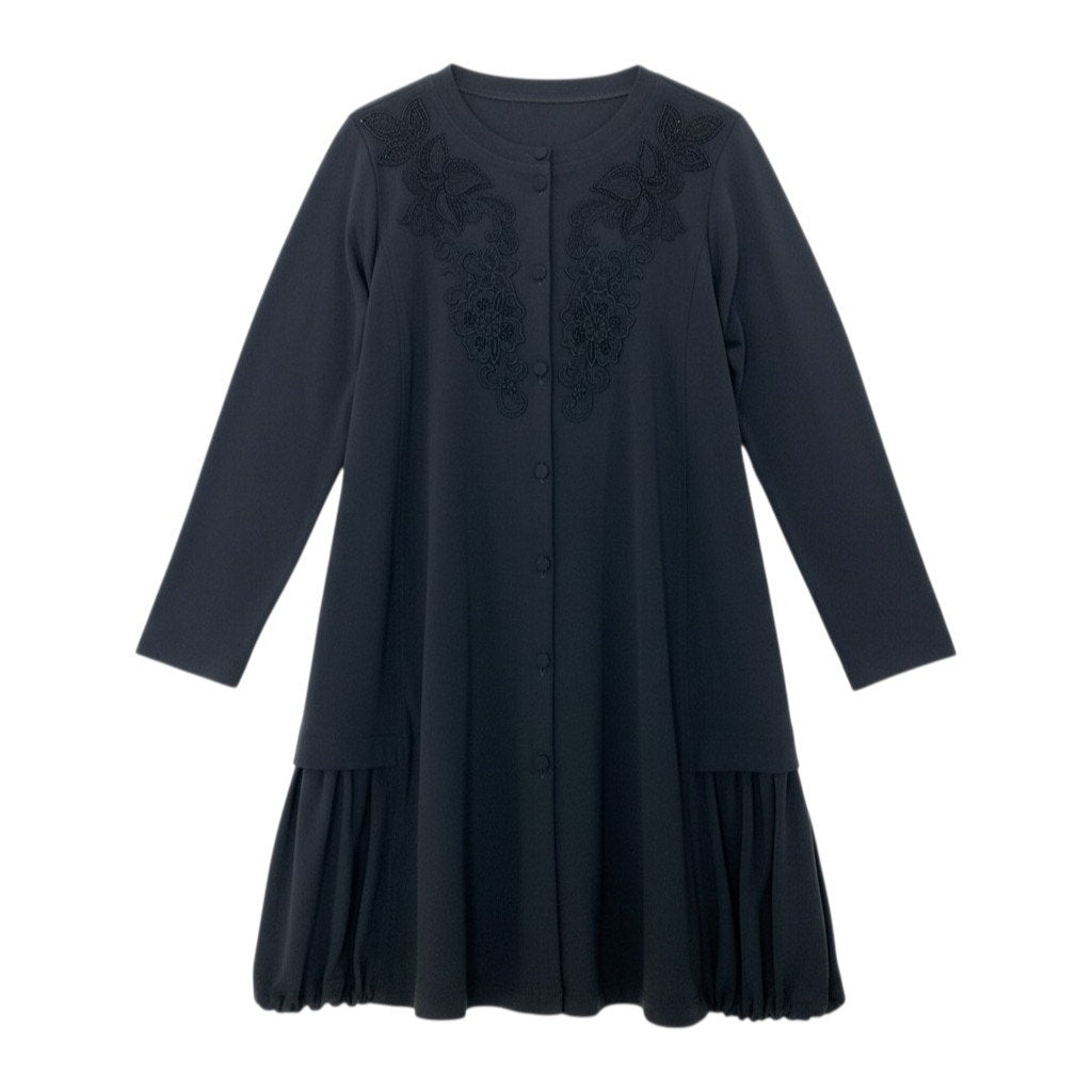 5c5 TOKUKO 1er VOL トクコプルミエヴォル ロングカーディガン 長袖 花柄レース くるみボタン ストレッチ レディース 女性服 サイズ9 ブラックu02t