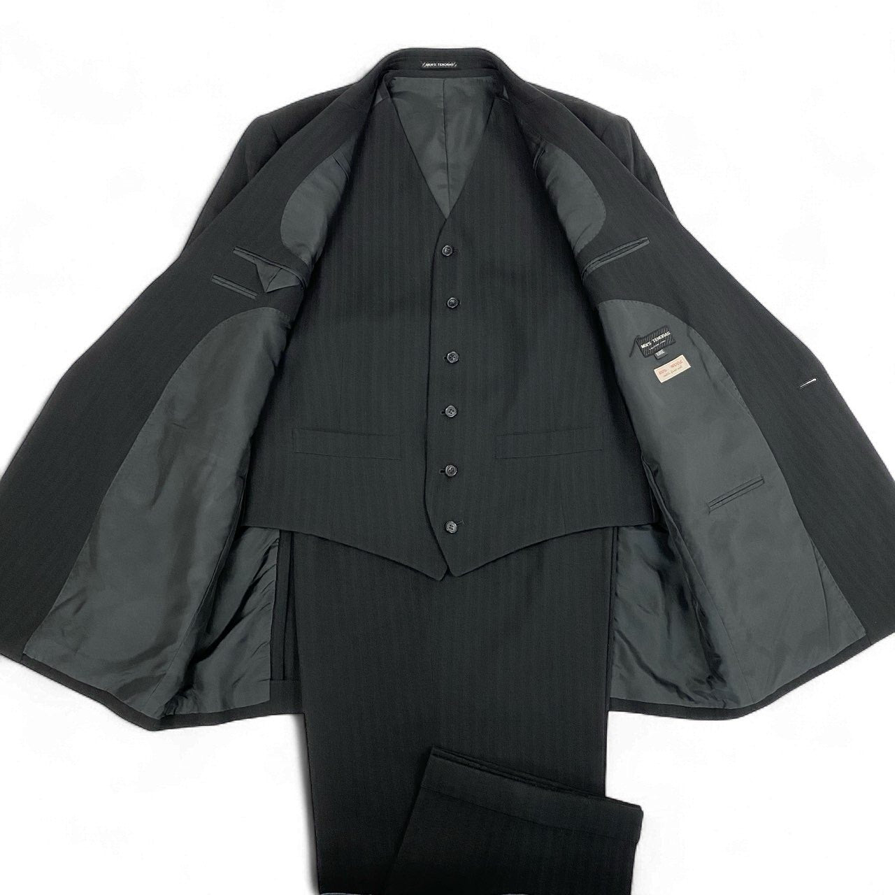 56k27 MEN`S TENORAS メンズティノラス CALZTURE UOMO セットアップスーツ 3ピース スリーピース ダブルブレスト ストライプ柄 メンズ 紳士服 大きいサイズ XL ブラック ウール100％o07t