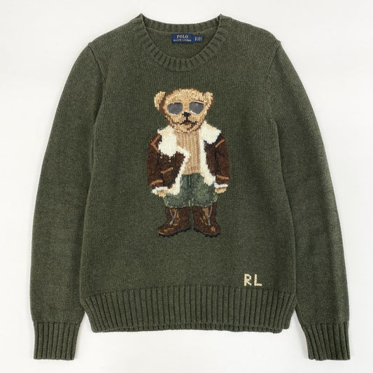 13f7 POLO RALPH LAUREN ポロラルフローレン POLO BEAR ポロベア クルーネック ニット セーター ロゴ刺繍 Sサイズ カーキ オリーブ コットン メンズ