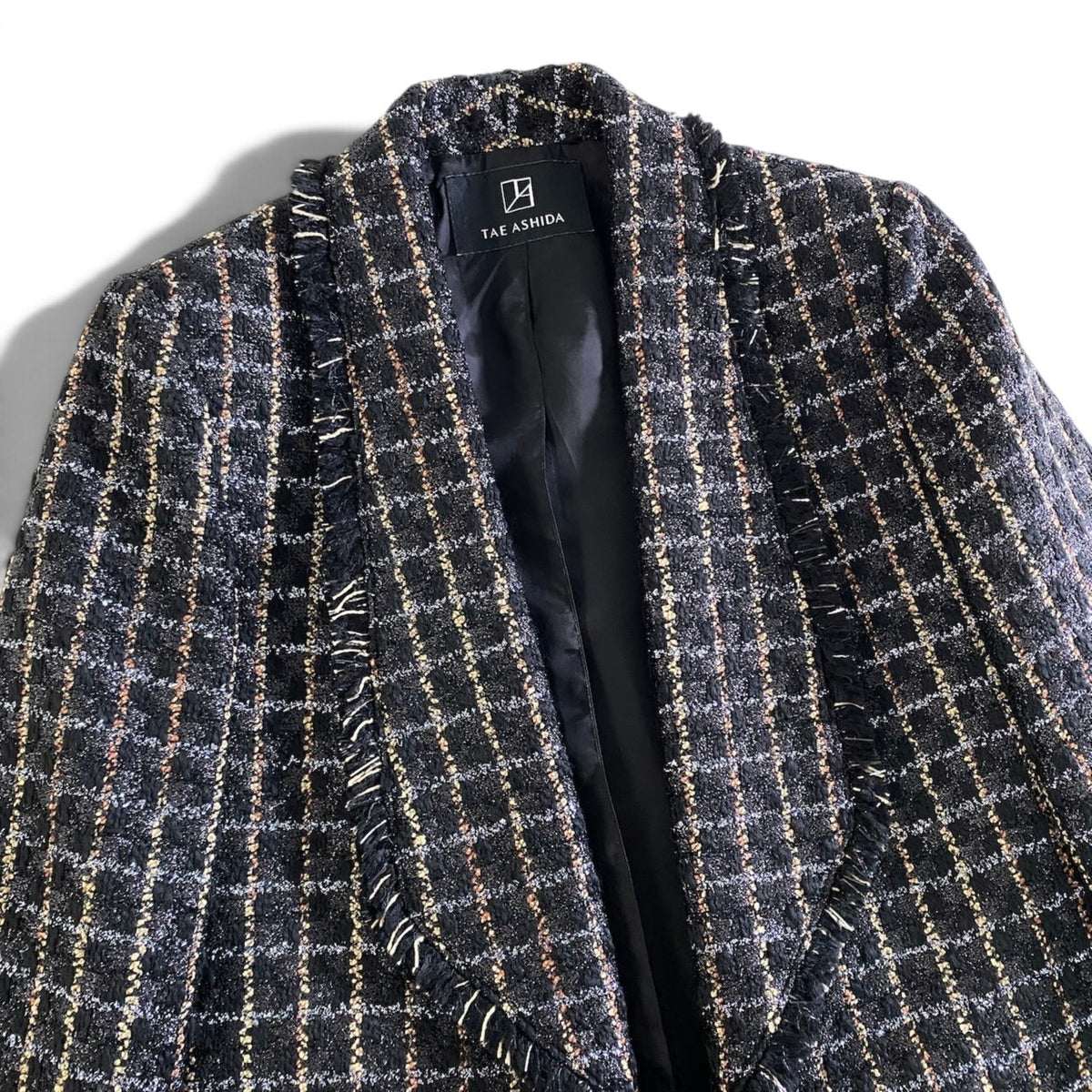14j23 【極美品】TAE ASHIDA タエアシダ ツイードジャケット チェック柄 ラメ フリンジ アウター 5サイズ ブラック系 レディース 女性用u02t
