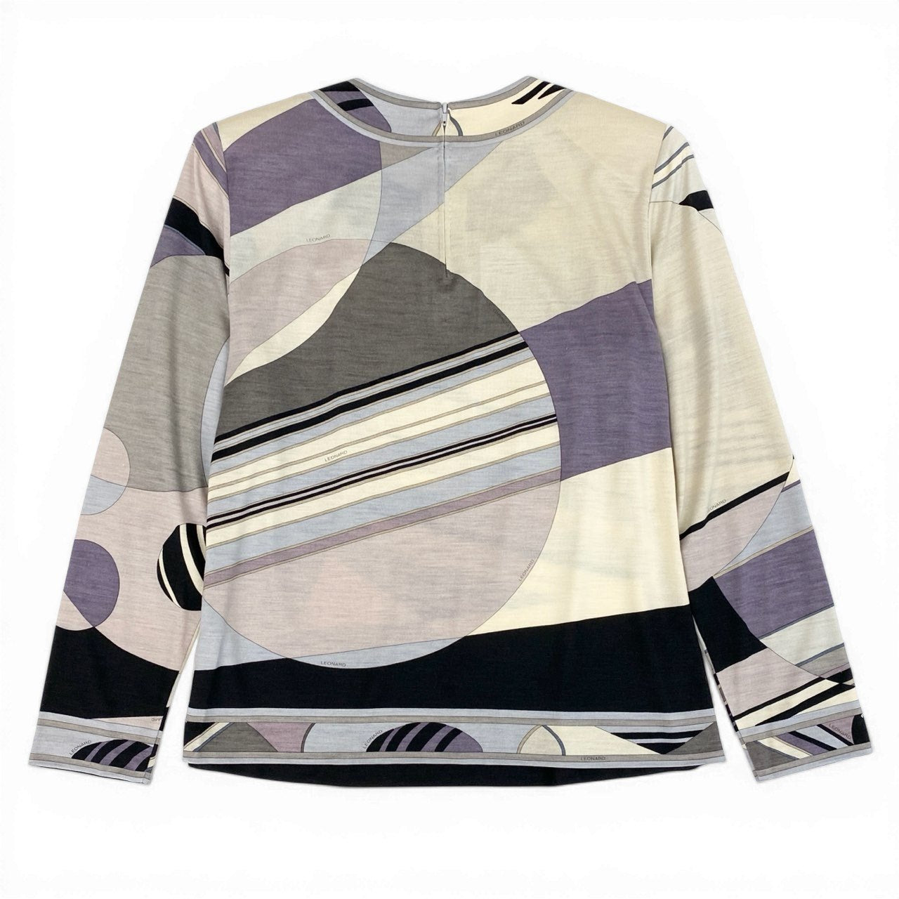 56d13 LEONARD FASHION レオナール ロングスリーブカットソー トップス 総柄プリント  サイズL マルチカラー ウールシルク混 レディース 女性用o07t
