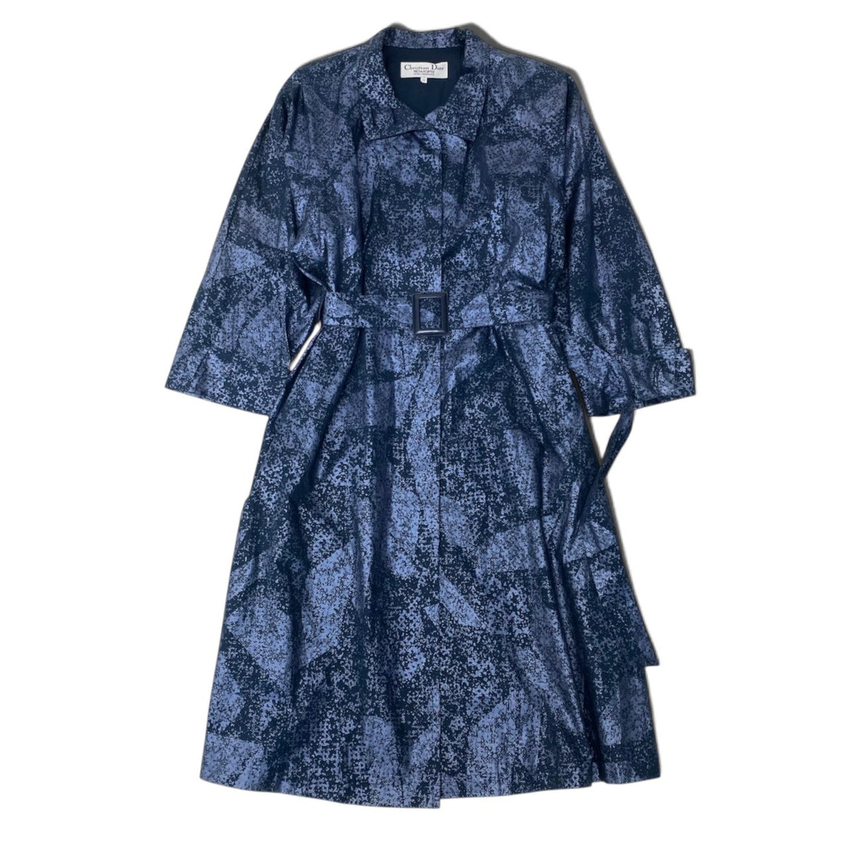 56i16 Christian Dior クリスチャンディオール スタンドカラーコート ロングコート ベルト付 総柄 サイズ7 ネイビー コットン100％ レディースo07t