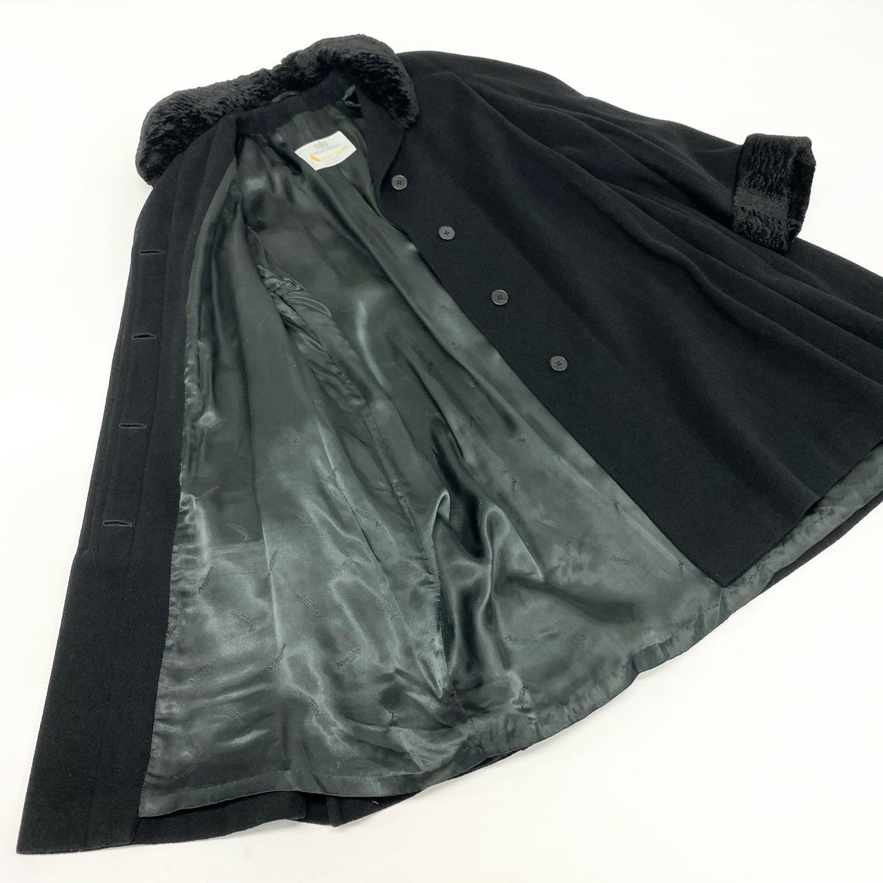 80k11 Aquascutum OF LONDON アクアスキュータム 英国製 ステンカラーコート ロングコート ラムファー 比翼ボタン レディース 女性用 アウター ブラックu02t