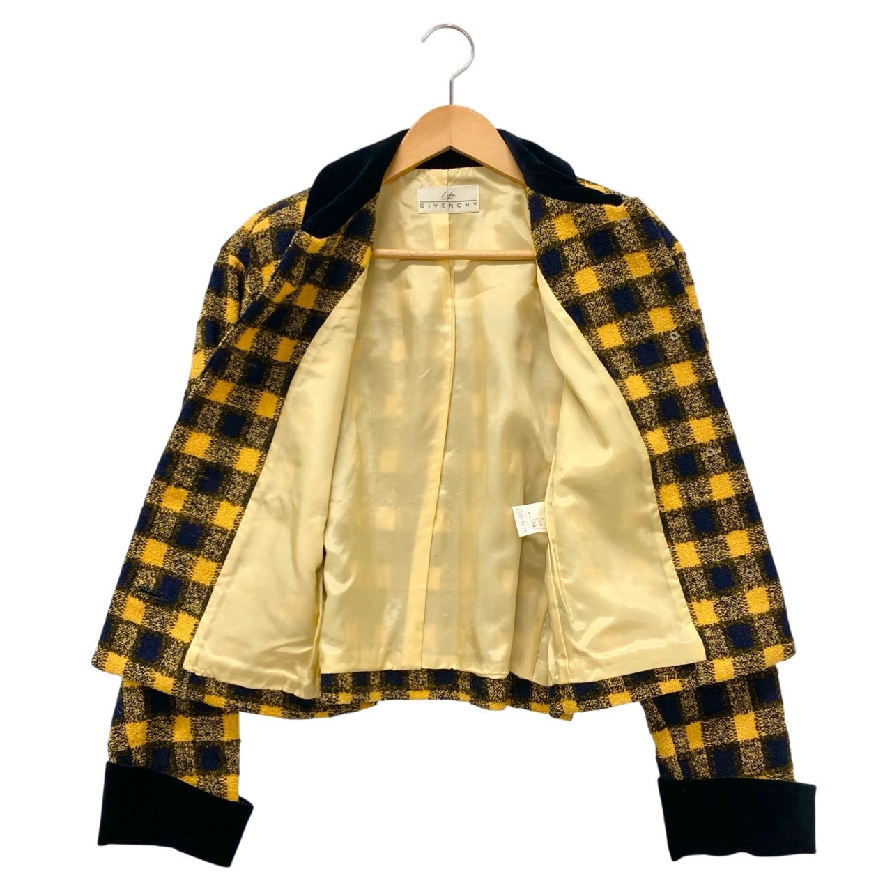 78b26 GIVENCHY ジバンシー Vintage チェック柄 ベロア × ツイードジャケット サイズ9 イエロー ネイビー Tweed Jackett18r