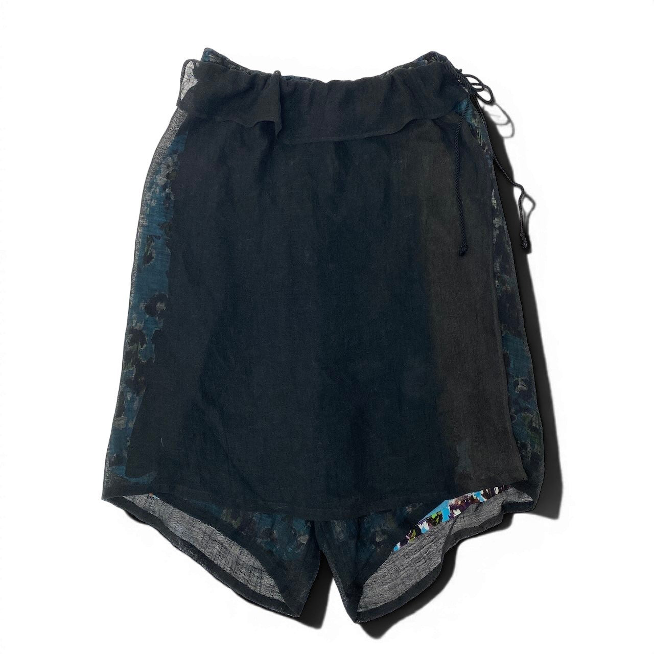 Ad27 Y‘s ワイズ YOHJI YAMAMOTO ヨウジヤマモト 変形パンツ レイヤード  フラワーモチーフ サイズ1 ブラック ライトブルー コットン リネン レディース 女性服u02t