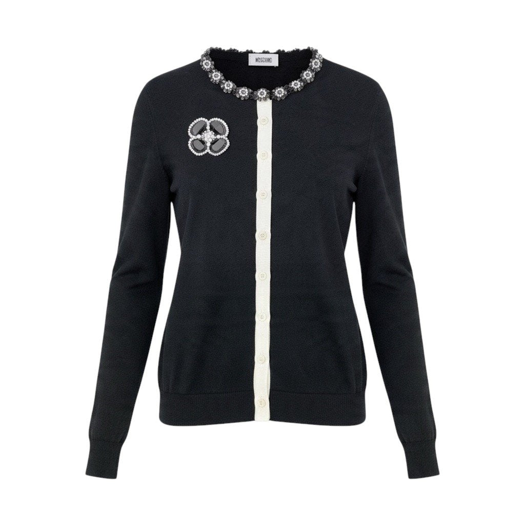 Ej15 MOSCHINO モスキーノ ロングスリーブ ニットカーディガン 花柄 ビーズ サイズ38 ブラック レーヨン コットン レディースu02t