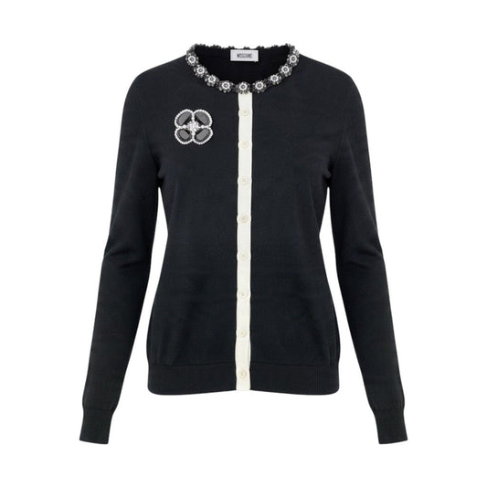 Ej15 MOSCHINO モスキーノ ロングスリーブ ニットカーディガン 花柄 ビーズ サイズ38 ブラック レーヨン コットン レディースu02t