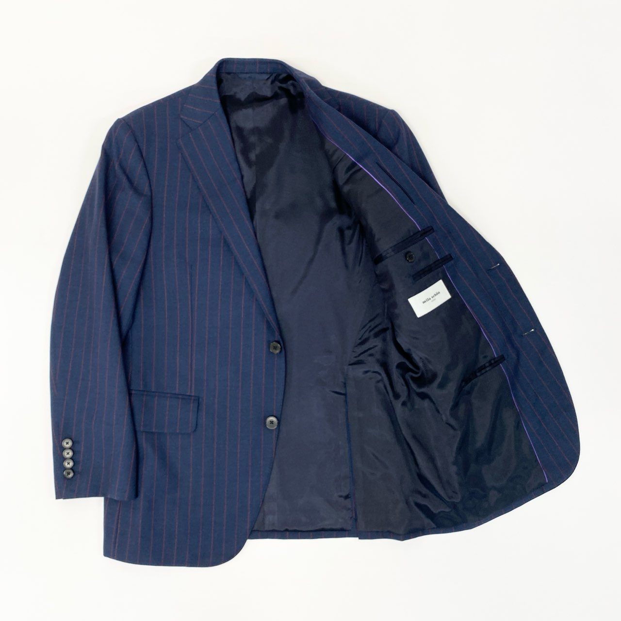 61k28 mila schon ミラショーン セットアップスーツ 3ピース スリーピース 2B ストライプ柄 ビジネス フォーマル メンズ 紳士服 ネイビー ウール100％u02t