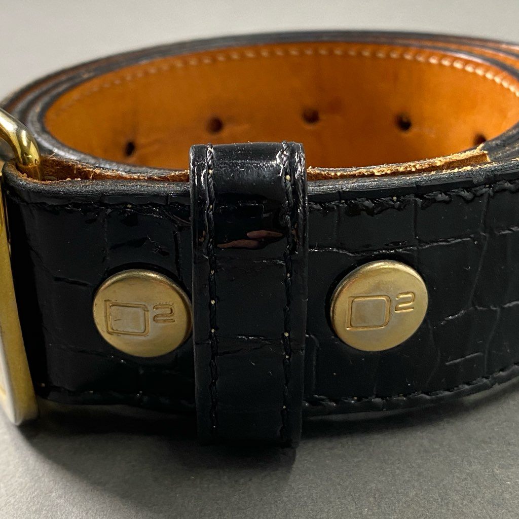 13f23 DSQUARED2 デースクエアード クロコ型押し ゴールドバックル レザーベルト L ブラック Leather Belt イタリア製