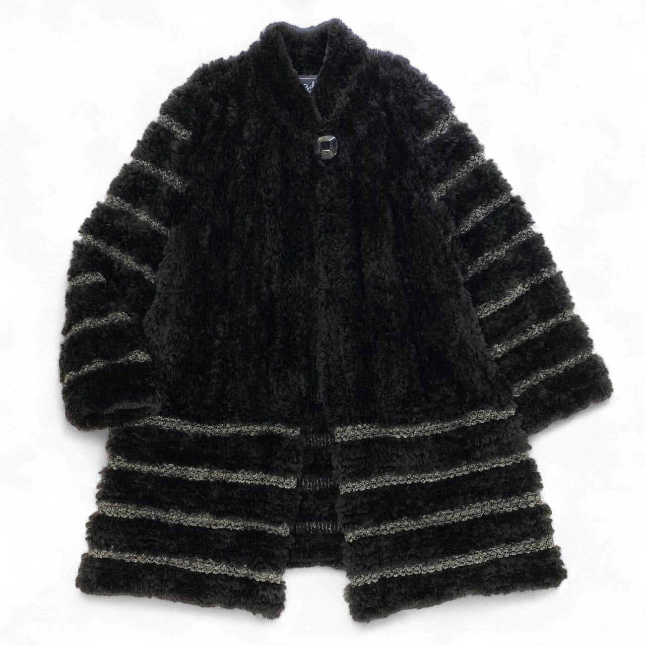 44k14 Erom Roche エロムロシェ ヌートリア ファーコート 毛皮コート 装飾ボタン ボーダー 11号 ブラック グレー レディースu02t