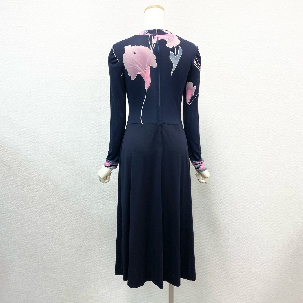 18j17 LEONARD レオナール ロングワンピース 長袖ワンピース 花柄 シルク 2サイズ ネイビー ピンク レディースu02t