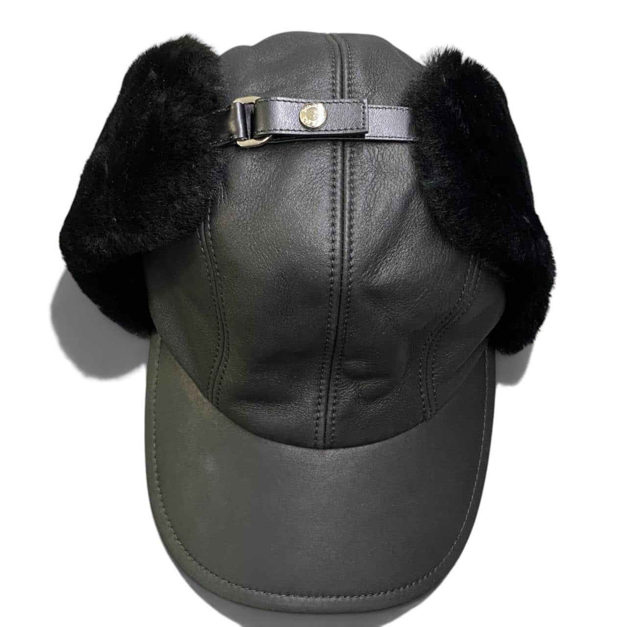 i2 【美品】 PRADA プラダ シアリング ハット ムートンレザー キャップ サイズM ブラック レディース