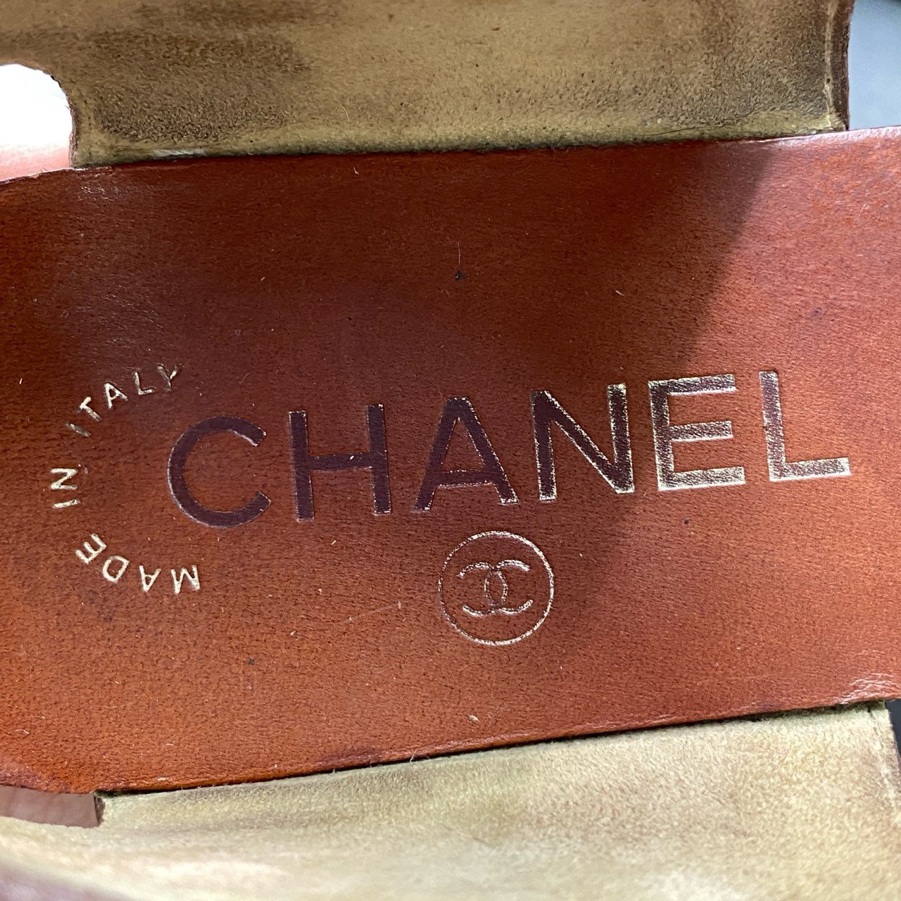 5d22 CHANEL シャネル ココマーク アンクルストラップ ウェッジソール サンダル シューズ イタリア製 38 ブラウン レザー