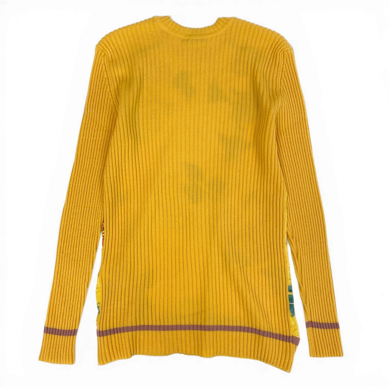68d13 【極美品】 LEONARD PARIS レオナール ロングスリーブ ニットセーター リブニット 異素材切替 美しい花柄プリント サイズL イエロー レディース 女性用u02t