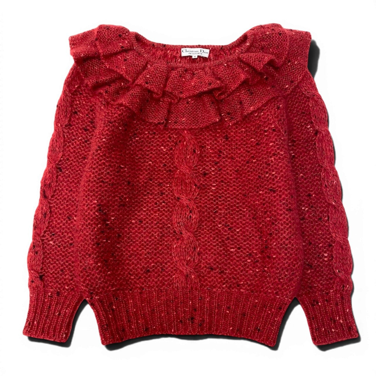 Eg6  Christian Dior クリスチャンディオール フリルネック ローゲージ ニットセーター サイズM レッド ウール100％ レディースo07t