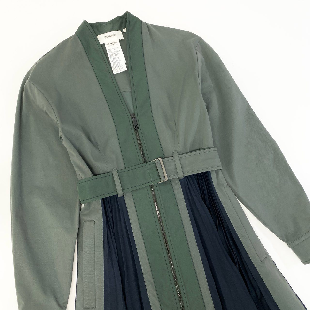 60c6【美品】SPORTMAX スポーツマックス プリーツベルトドレス ワンピース レイヤードワンピース 36サイズ カーキ ネイビー レディース 女性用u02t