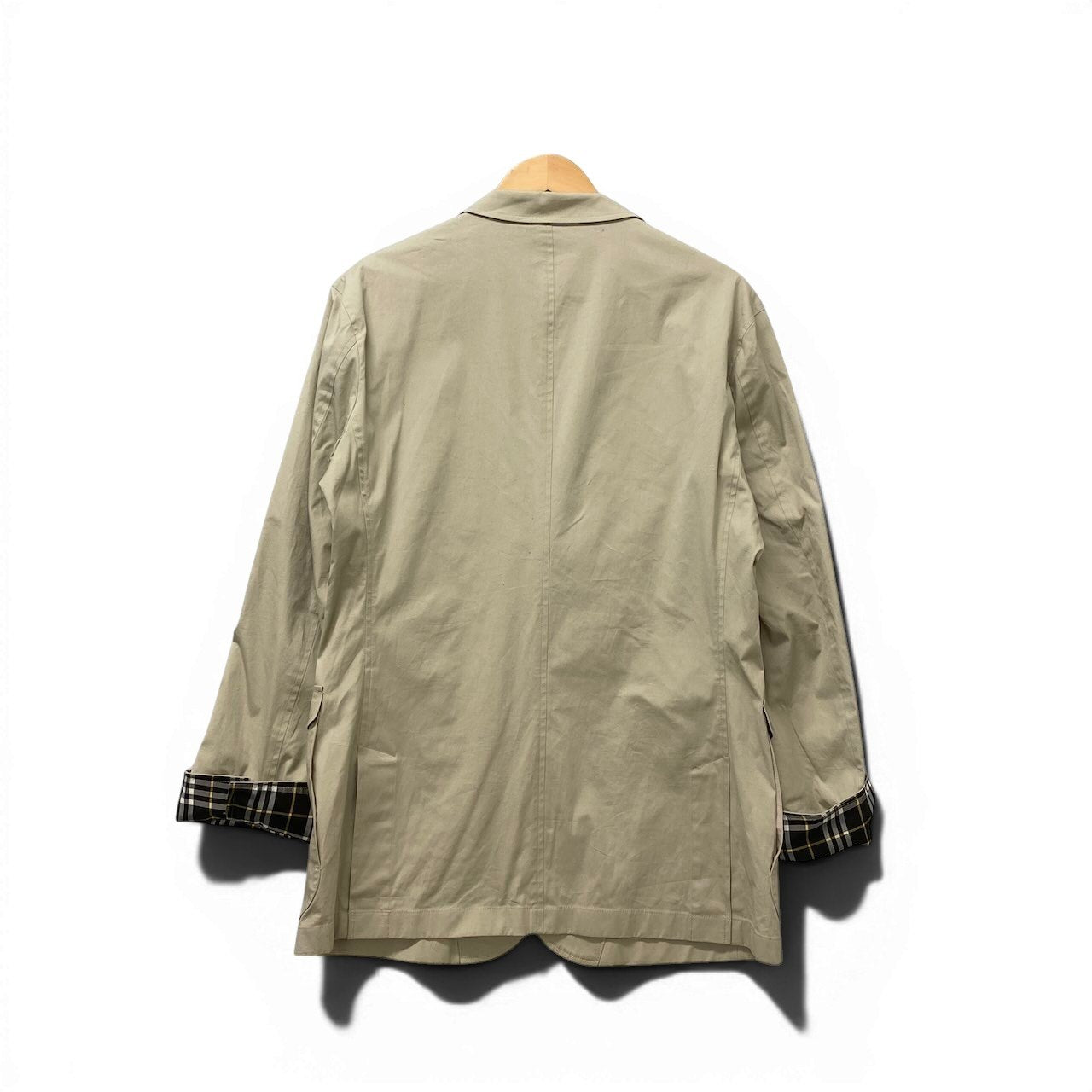 77e18 BURBERRY バーバリー テーラードジャケット ブレザー 背抜き 裏地チェック柄 Lサイズ ベージュ コットン メンズo07t
