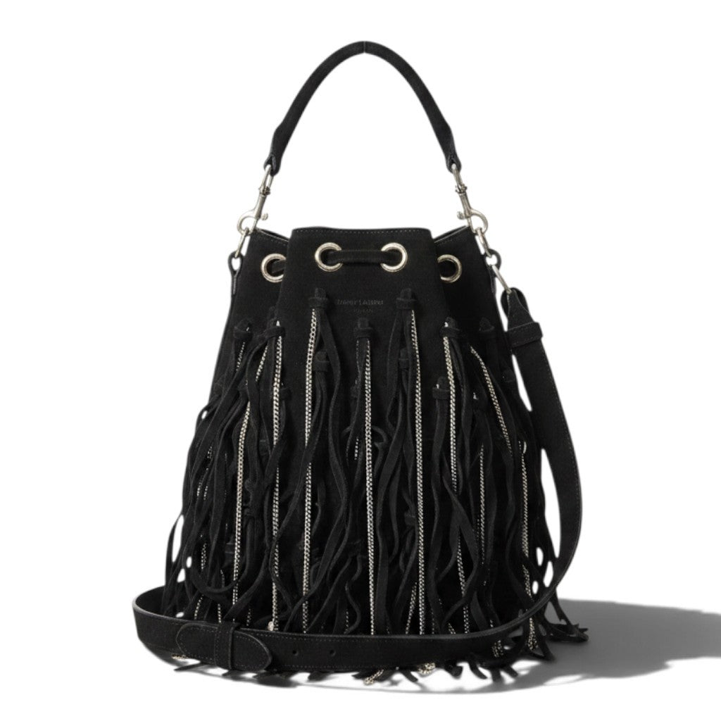 h21 SAINT LAURENT サンローラン フリンジ×チェーン バケットバッグ Fringe × Chain Bucket Shoulder Bag Black Leathert18r