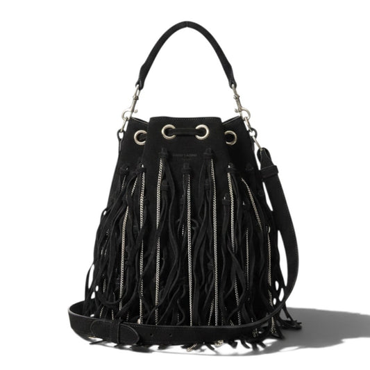 h21 SAINT LAURENT サンローラン フリンジ×チェーン バケットバッグ Fringe × Chain Bucket Shoulder Bag Black Leathert18r