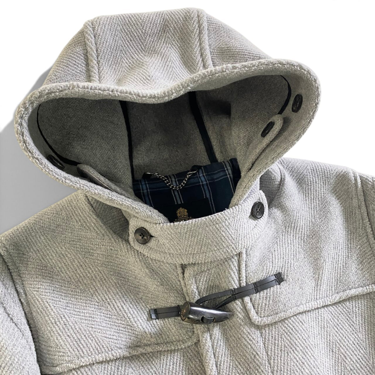 8j26 GRENFELL グレンフェル BAKER LONG ベーカー ダッフルコート トグルボタン 裏地チェック柄 36 ライトグレー メンズu02t