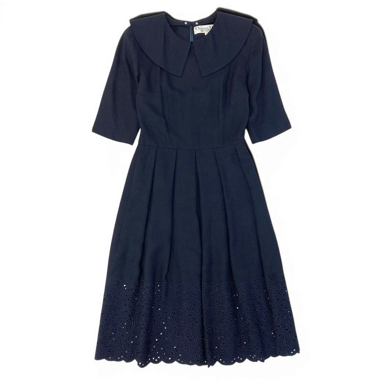 66d27 Christian Dior クリスチャンディオール つけ襟 ロングワンピース 半袖ワンピース 2way 裾レース リネンブレンド サイズ7 ネイビー レディース 女性用u02t