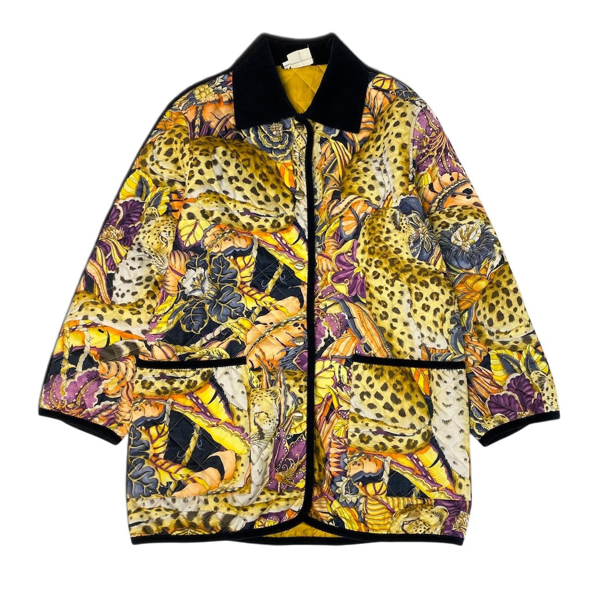 j29 Salvatore Ferragamo キルティングジャケット ヒョウ 花柄 ミドル丈 コーデュロイ襟 XSサイズ マルチカラー ポリエステル100％ レディース 女性用u02t
