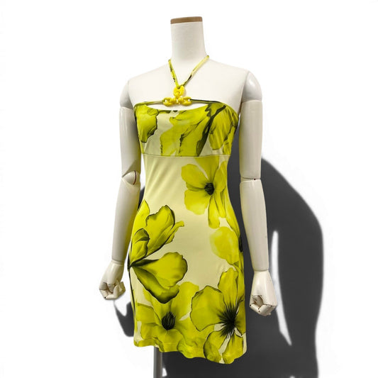 48d16 《美品》 VERSACE ヴェルサーチ フラワープリント チューブトップ Flour Print Tubetop サイズ40 イエロー ワンピース ドレス イタリア製t18r