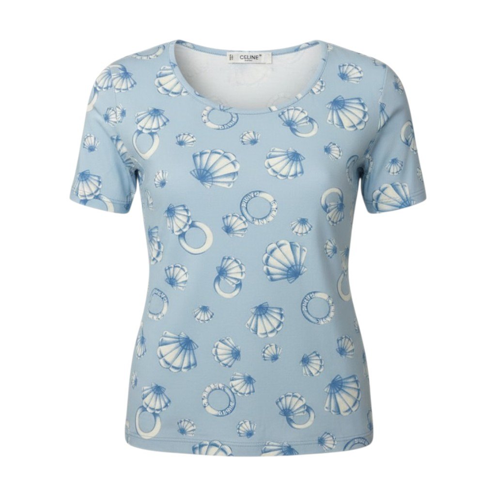 Ic30  CELINE セリーヌ マリン柄 半袖Tシャツ クルーネック カットソー 総柄 伸縮ストレッチ レディース 女性服 ライトブルーu02t