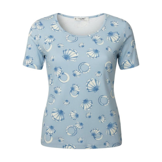 Ic30  CELINE セリーヌ マリン柄 半袖Tシャツ クルーネック カットソー 総柄 伸縮ストレッチ レディース 女性服 ライトブルーu02t