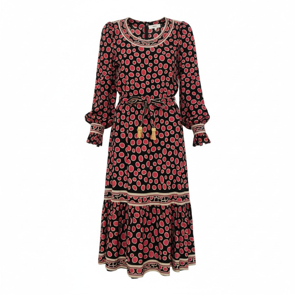 20L2 フランス製 LEONARD レオナール 長袖ワンピース ロングワンピース トップス ドット柄 ブラック レッド レディースu02t