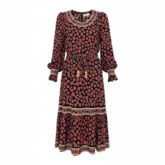 20L2 フランス製 LEONARD レオナール 長袖ワンピース ロングワンピース トップス ドット柄 ブラック レッド レディースu02t