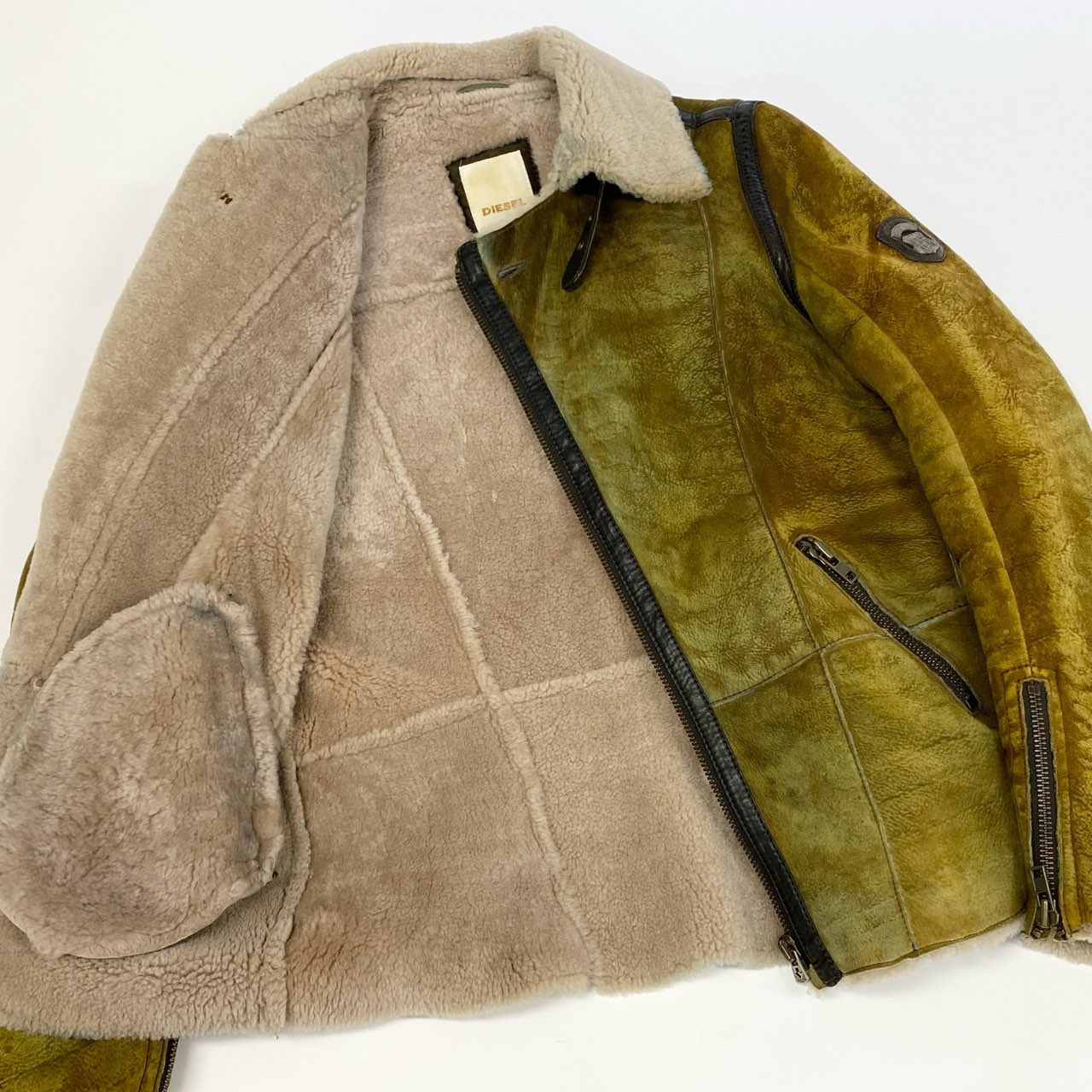 67k7 DIESEL ディーゼル ムートンジャケット ライダースジャケット ヴィンテージ加工 ラムレザー 羊革 Sサイズ イエローブラウン メンズu02t