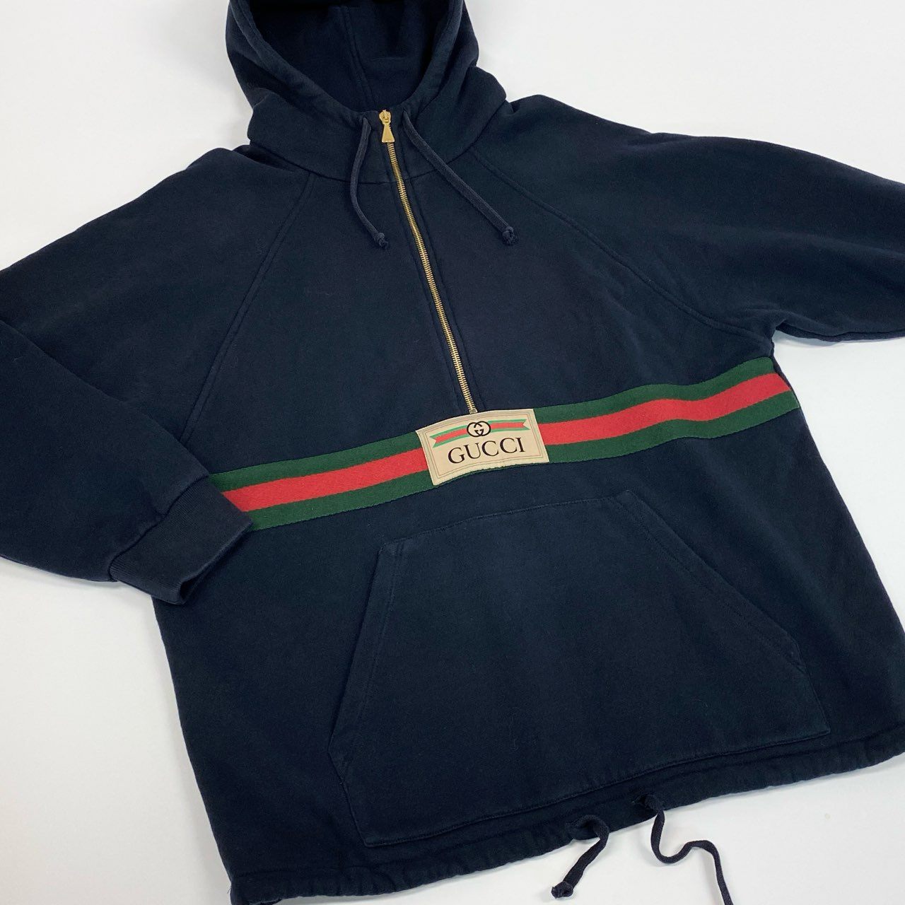 10a13 GUCCI グッチ ハーフジップ スウェットパーカー 長袖 フロントロゴ GGマーク シェリーライン イタリア製 メンズ 紳士服 XS ネイビー コットン100％o07t