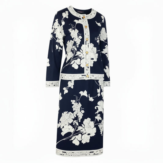 82a29《美品》 LEONARD レオナール 金ボタン 花柄 セットアップ サイズLL ネイビー ホワイト Flour Print Setupt18r