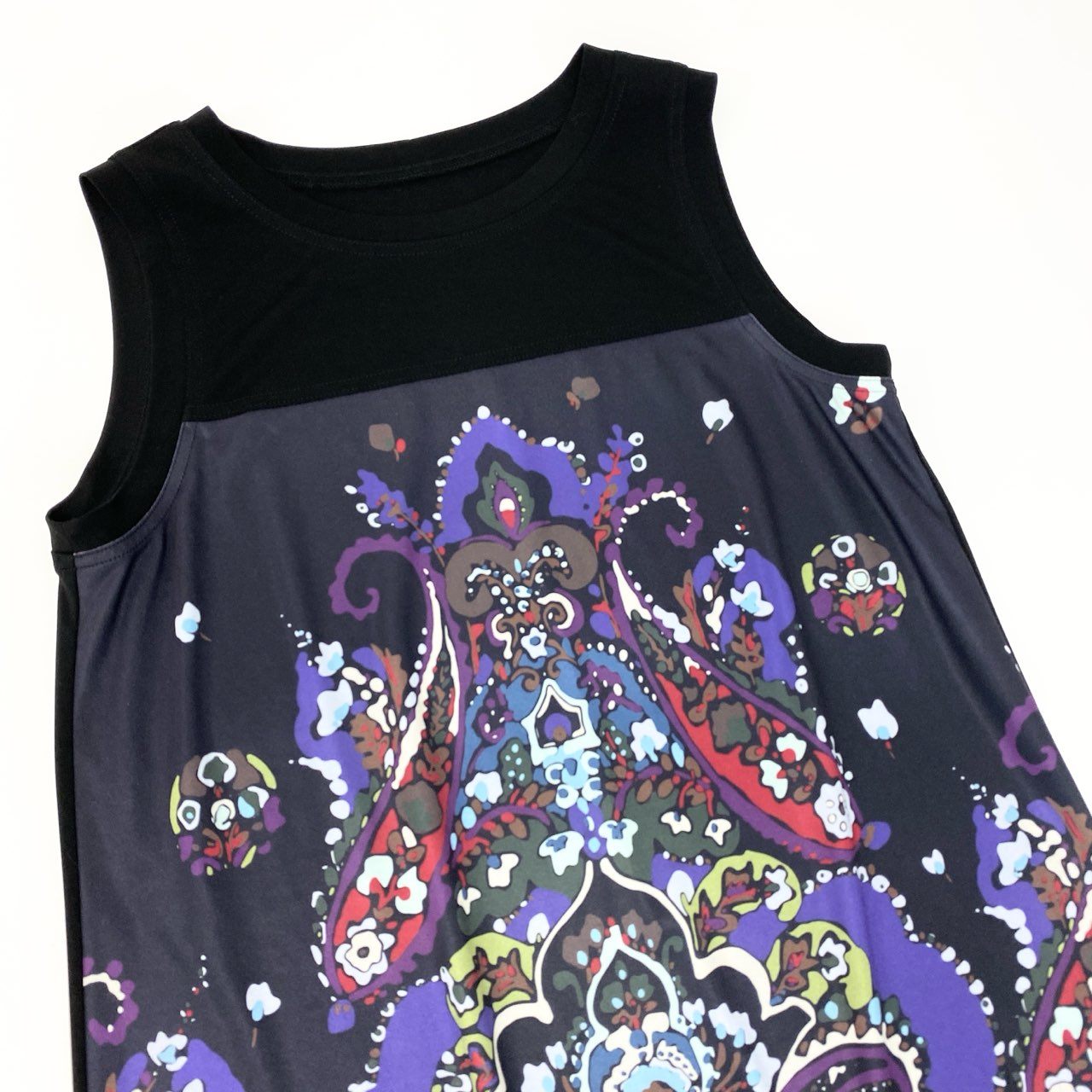 17c2 【美品】 TOKUKO 1er VOL トクコプルミエヴォル ノースリーブワンピース ロングワンピース 総柄 フリル ストレッチ レディース 女性服 サイズ9 ブラックu02t