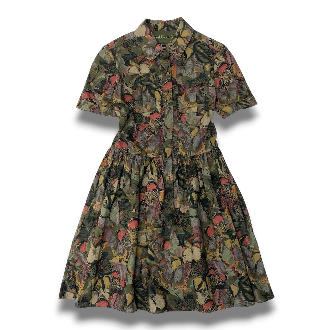 57c10 《美品》 VALENTINO ヴァレンティノ 半袖シャツワンピース ウエスト切り替え フレアスカート 40 バタフライ柄 総柄 コットンu02t