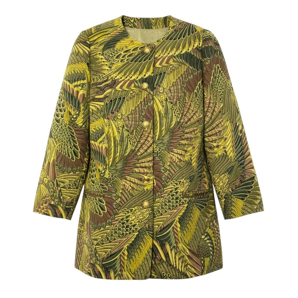 38a16 Salvatore Ferragamo サルヴァトーレ フェラガモ Vintage 金ボタン 総柄スプリングコート サイズ46 グリーン系 ヴィンテージ 女性服t18r