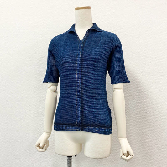 48h14 ISSEY MIYAKE イッセイミヤケ デニム転写 プリーツ加工 Tシャツ カットソー トップス PP16-FJ221 サイズ3 インディゴブルー ポリエステル プリーツプリーズ ヴィンテージu02t