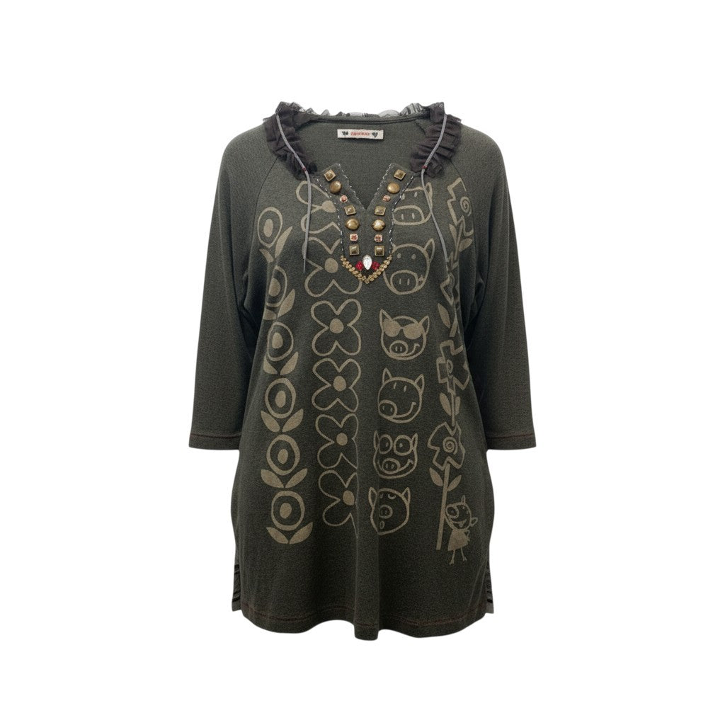 24b16 OLLEBOREBLA オレボレブラ アルベロベロ チュニックワンピース ハイゲージニット レース ビーズ装飾 花柄 ブタさん カシミヤ混 レディース グレー系o07t